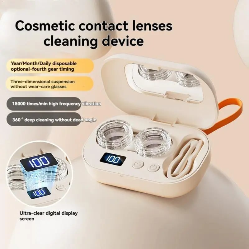💝✨Ultrasonic Rechargeable Contact Lens Cleaner with Vanity Mirror - Portable Case for Hard & Soft Lenses