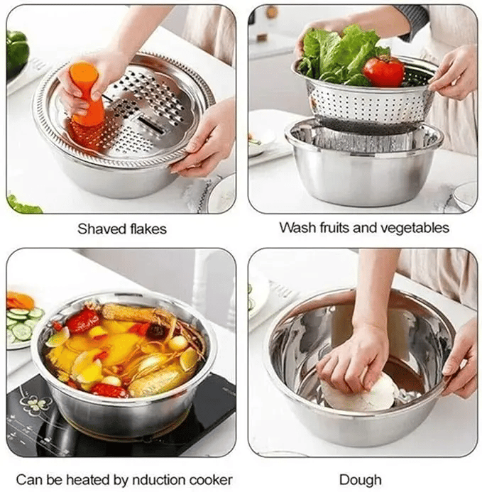 3-Piece Thickened Stainless Steel Mixing Bowl Set with Draining Basket