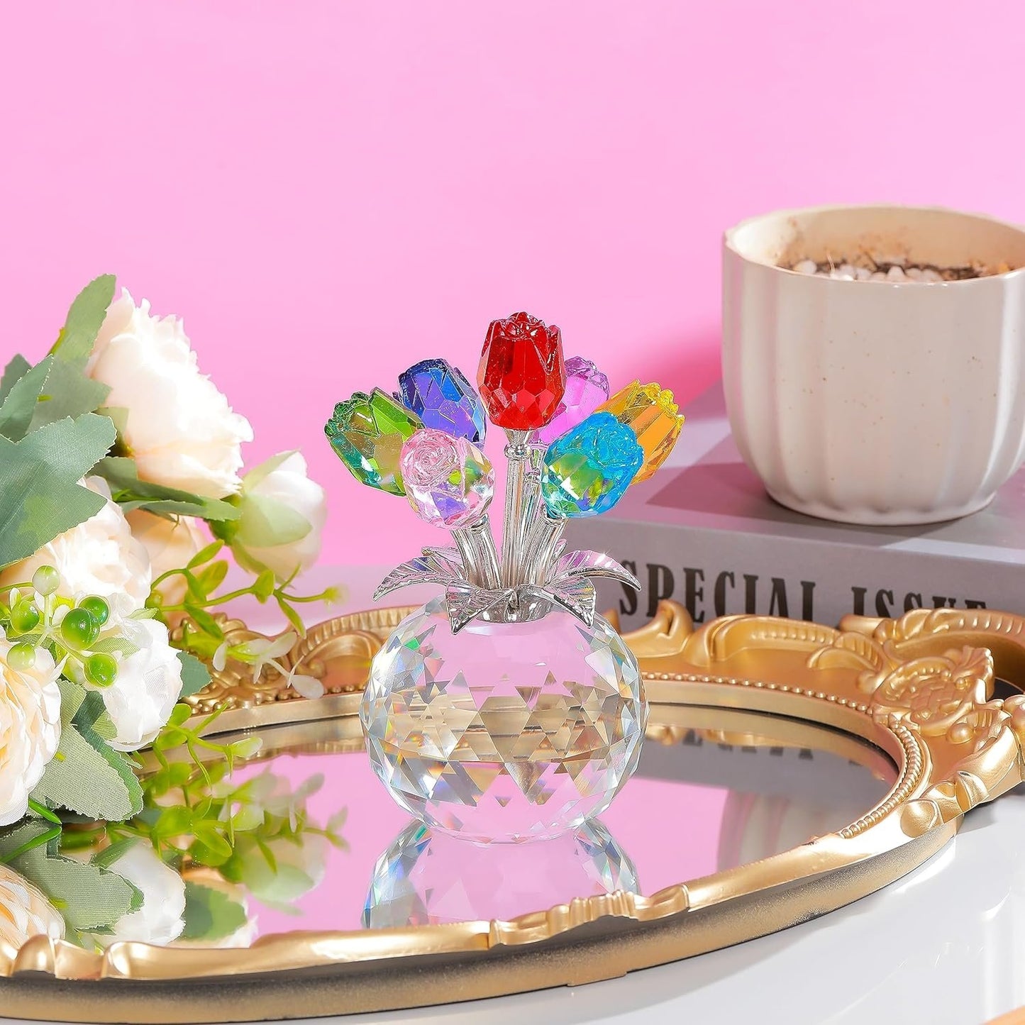 🔥Limited TimePromotion 50% OFF 🌹 Crystal Rose Figurine with Vase – A Colorful Collectible Display❤️