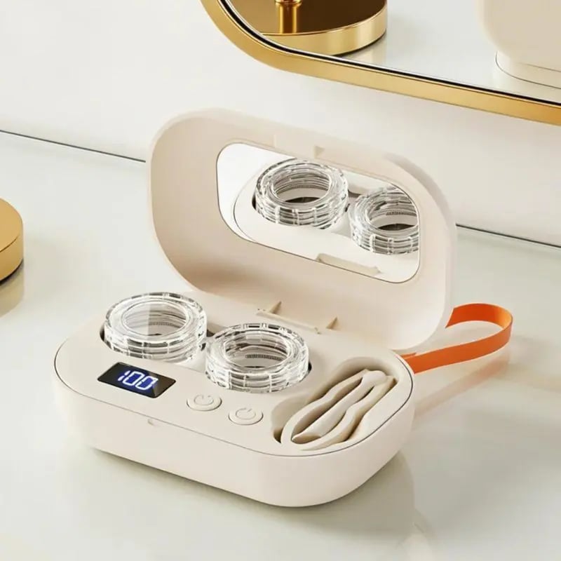 💝✨Ultrasonic Rechargeable Contact Lens Cleaner with Vanity Mirror - Portable Case for Hard & Soft Lenses