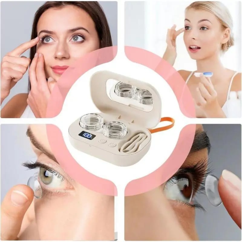 💝✨Ultrasonic Rechargeable Contact Lens Cleaner with Vanity Mirror - Portable Case for Hard & Soft Lenses